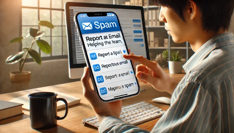 日本人が自宅のデスクでiPhoneを使い、iCloudメールで迷惑メールを選択し報告している場面。スパムフィルター学習のための操作中。