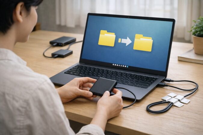外付けSSDを退避先として用意し、Windowsでバックアップや音楽データを安全に移すイメージ