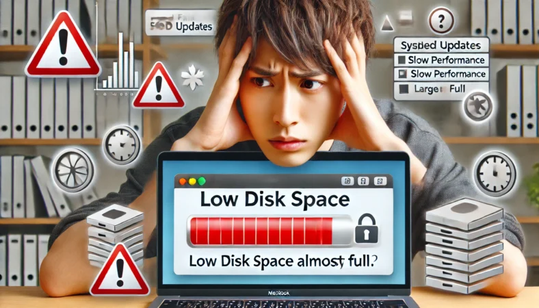 ディスク容量不足の警告が表示されたMacBookを前に、困惑した表情の日本人ユーザー。画面には赤色の警告やストレージバーが表示され、動作不良やアップデート失敗のアイコンも見える。