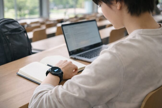 授業や自習中にスマホを出さず、腕時計型デバイスで必要な通知だけ確認する日本人大学生