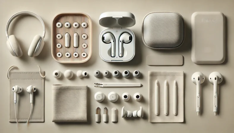 イヤホン用イヤーチップやイヤーフックなど装着安定のアクセサリーを整然と並べ、音の再現性を高める選び方を示すフラットレイ写真