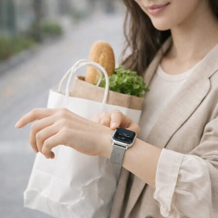 買い物袋で両手が塞がった日本人女性が指のジェスチャーでスマートウォッチを操作している生活シーン