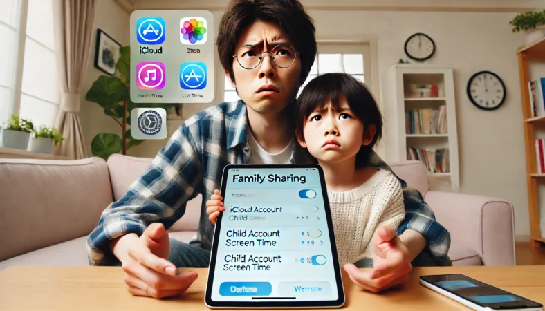 日本人の親子が自宅でiPadを操作しながらiCloudファミリー共有の設定に苦戦している様子。子供用アカウントやスクリーンタイムの設定アイコンが背景に控えめに描かれている。