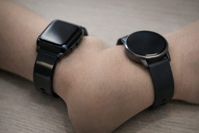 安っぽく見える質感と上品に見えるマット質感のスマートウォッチを比較した手元の写真