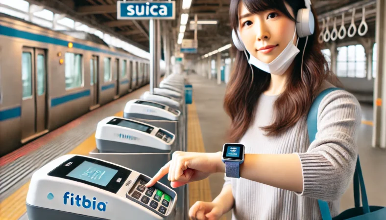 日本人女性がFitbit Charge 6を使って、駅の改札でSuica支払いを行っている様子。近代的で整備された駅構内の背景と、スマートな決済シーンが生活導線の安全性と利便性を強調している。