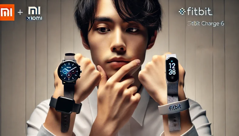 日本人の人物がシャオミとFitbitのスマートウォッチをそれぞれ手に持ち、慎重に比較している様子。安全性や機能性を考慮して選ぼうとしている場面。