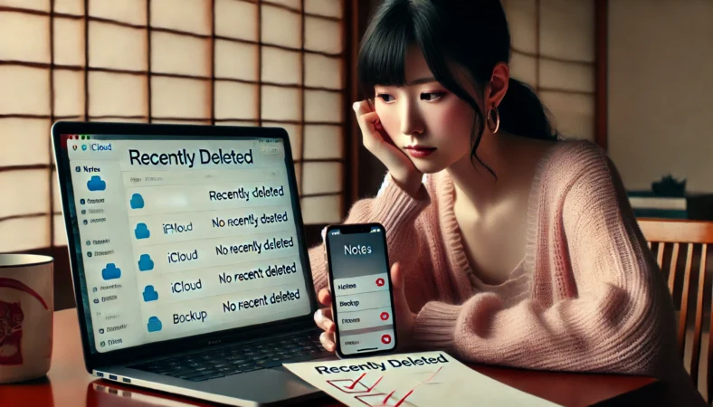 iPhoneのメモが完全に削除されてしまい、復元手段が尽きた状況に戸惑う日本人女性の様子