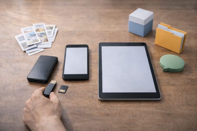 iCloud容量オーバー解消の優先順（写真・動画→バックアップ→Drive→メッセージ添付）を小物で表した整理イメージ.