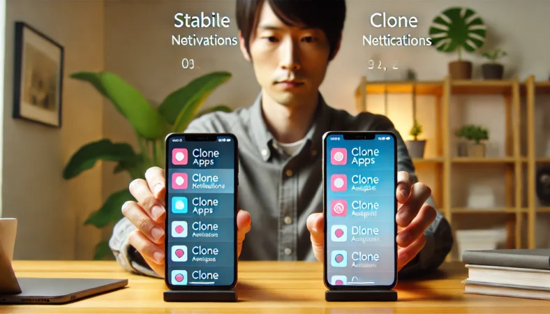 クローンアプリの安定性を検証するため、2台のスマートフォンを比較する日本人男性の様子。片方の端末は安定動作、もう一方は通知遅延や動作不良を示している。
