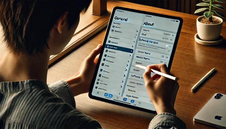 iPadの設定アプリでモデル名とOSバージョンを確認する日本人ユーザー。Apple Pencilを片手に持ち、木製デスク上で端末情報をチェックしている様子。