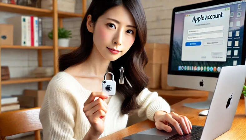 日本人女性がMacBookの前でFIDO2セキュリティキーを手に持ち、Appleアカウントのセキュリティ設定を行っている様子。フィッシング対策として物理キーでアカウントを守る場面を表す。