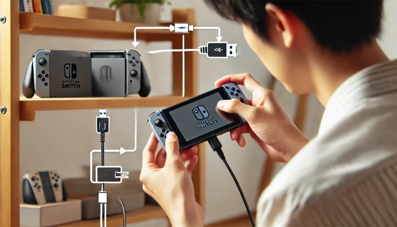 任天堂Switch2の充電グリップに接続されたUSB-Cケーブルを確認している日本人ユーザー。ドックやACアダプターとの接続を整理し、給電ルートの確認を行っている室内シーン。