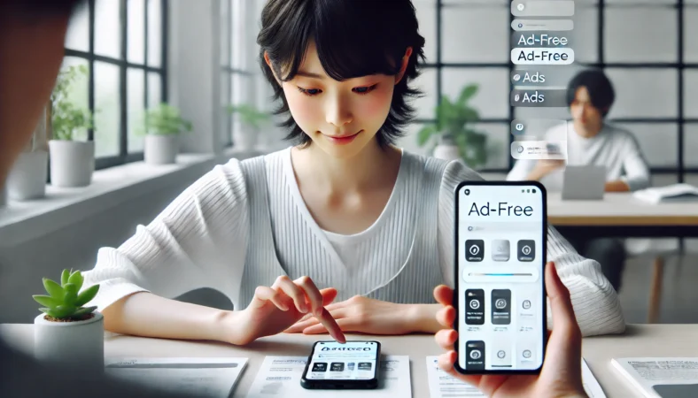 広告のないクローンアプリ画面を使って満足そうにスマートフォンを操作する日本人ユーザーと、隣に置かれた広告だらけの比較用端末