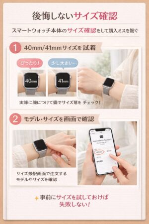 スマートウォッチ本体のサイズ確認をして購入ミスを防ぐ日本人女性の手元とデバイスの確認シーン