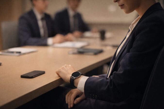 会議中に腕を大きく動かさず画面の光を抑えてスマートウォッチを確認する日本人ビジネスシーン