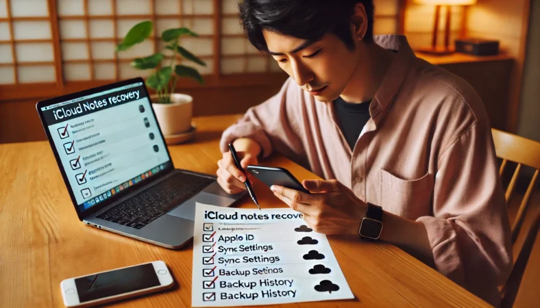 日本人男性がiPhoneと印刷された復元チェックリストを照らし合わせながら、メモの復元ができない原因を冷静に確認している様子