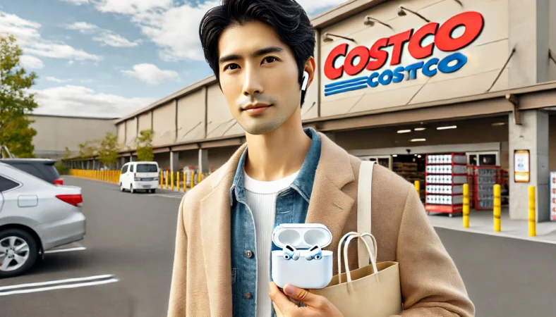 コストコ店舗前でAirPods Pro 3を購入後、満足げに佇むカジュアルな服装の日本人男性。急ぎでない買い物におけるコストコの強みを表現。