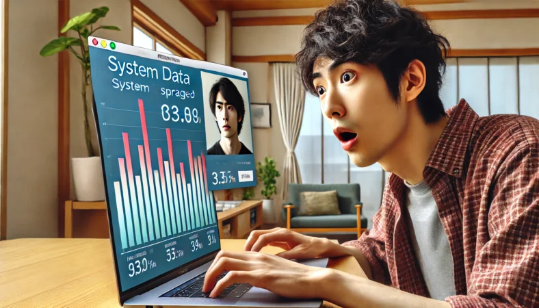 日本人のMacBookユーザーが、突然増加したシステムデータの表示に驚いている様子。MacBook画面にはカラフルなストレージグラフが表示され、部屋は日本の現代的なアパート風の室内。