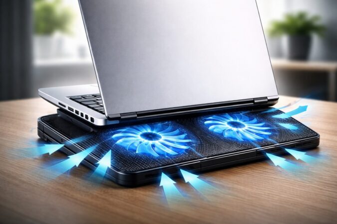 時間経過で重くなる原因としての熱を想定し、冷却台で吸排気を助けてファン騒音と性能低下を抑える対策イメージ