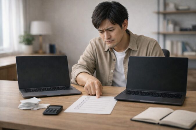 知識不足で選択を誤りやすい状況を示す日本人初心者がノートPC購入情報に迷う場面