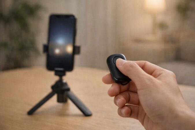 iPhoneを三脚で固定し、指で押せるBluetoothリモートシャッターで手ブレを防いで撮影する様子