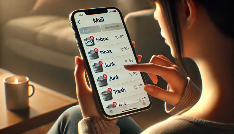 日本人女性がリビングでiPhoneの迷惑メールフォルダを確認し、正当なメールを受信トレイに戻している様子。落ち着いた雰囲気の中で誤判定に対応している場面。