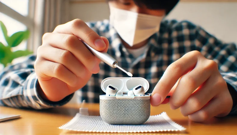 日本人の人物がデスク上でAirPods Proを3-in-1クリーニングキットで優しく掃除している様子。メッシュ部分を丁寧に乾式で手入れしているクローズアップシーン。