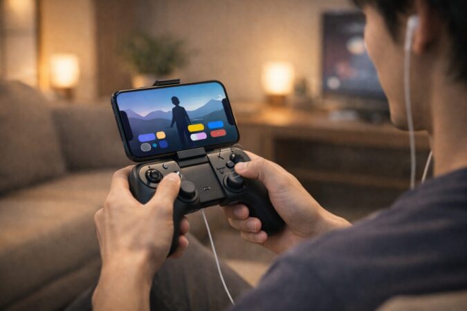 VRChat iOSでコントローラー操作により移動と視点が安定する様子を示したプレイイメージ