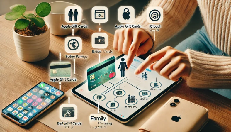 日本人の保護者が家庭内でタブレットを使ってiCloudの支払いを管理し、Apple Gift Cardのアイコンや家計管理アイコンと共に予算を確認している様子。