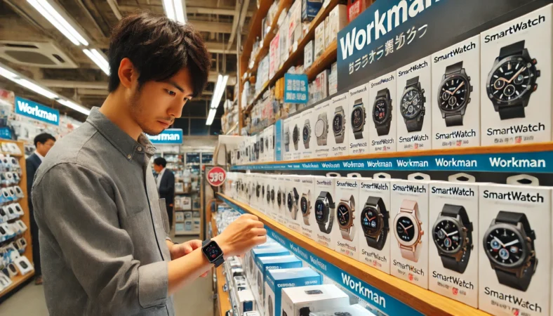 ワークマンの店舗でスマートウォッチの売り場を見比べている日本人の買い物客。新旧モデルのパッケージを手に取り、仕様を確認している様子。