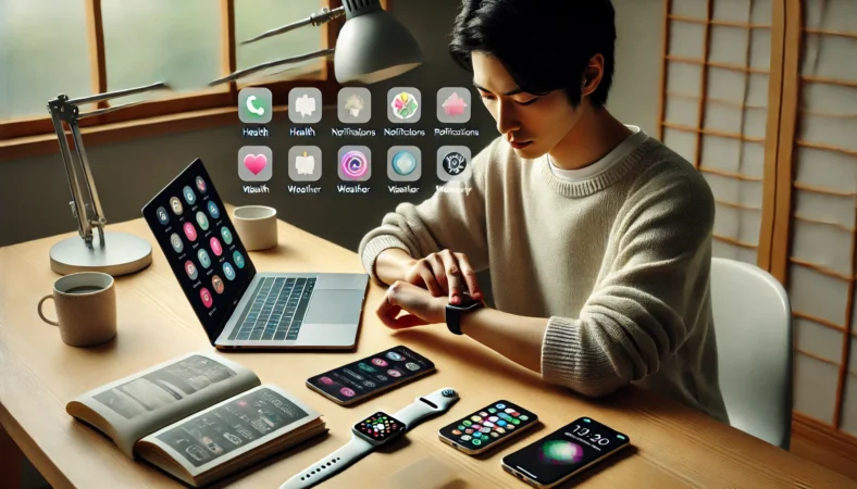 日本人がデスクでApple Watchの新作アプリを探索している様子。健康や通知、天気、生産性アプリを試しながら、スマートで効率的な運用を模索する現代的な作業空間が描かれている。