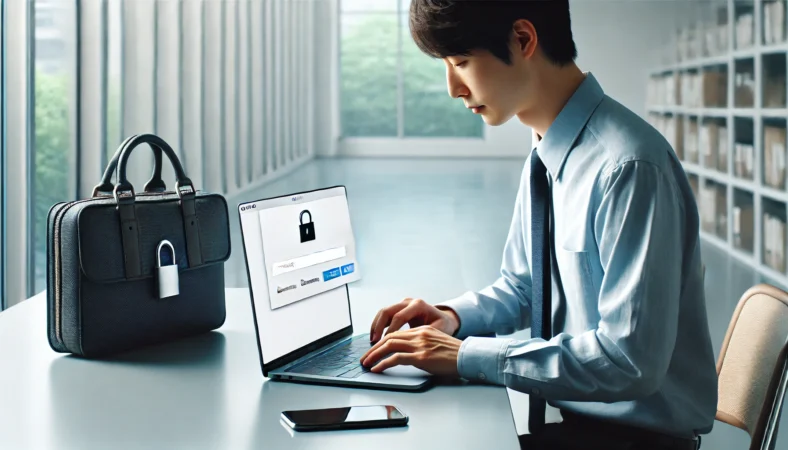 オフィスでノートパソコンを操作しながらセキュリティ設定を確認する日本人男性の様子