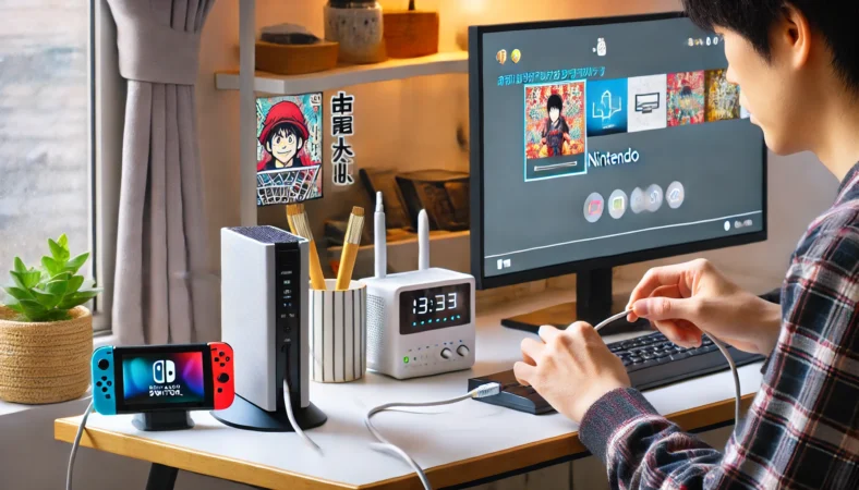 日本人ユーザーが自宅でルーターの設置場所を調整し、Switch2のダウンロード速度を改善しようとしているシーン。近距離に配置されたSwitch2本体とともに、整理された空間が見える。