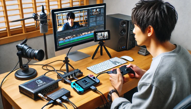 日本人ゲーマーがNintendo Switchをパススルー対応キャプチャーボードで接続し、モニターで遅延なくプレイしながら、パソコン側で録画・配信を行っている構成イメージ。