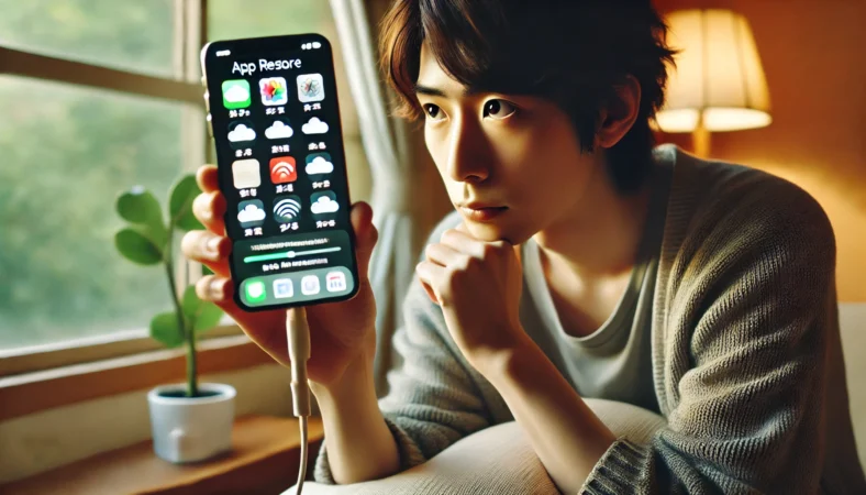 自宅でアプリの雲マークが徐々に消える様子を見守る日本人ユーザー。iPhoneは充電中で、近くにWi-Fiルーターがある落ち着いた環境。