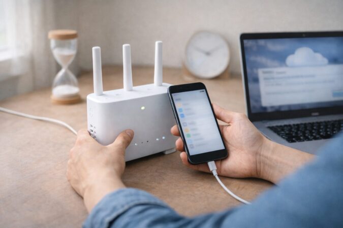 iCloudダウングレードに時間がかかる場合に、Wi-Fi変更や別端末で試す切り替えを示すイメージ