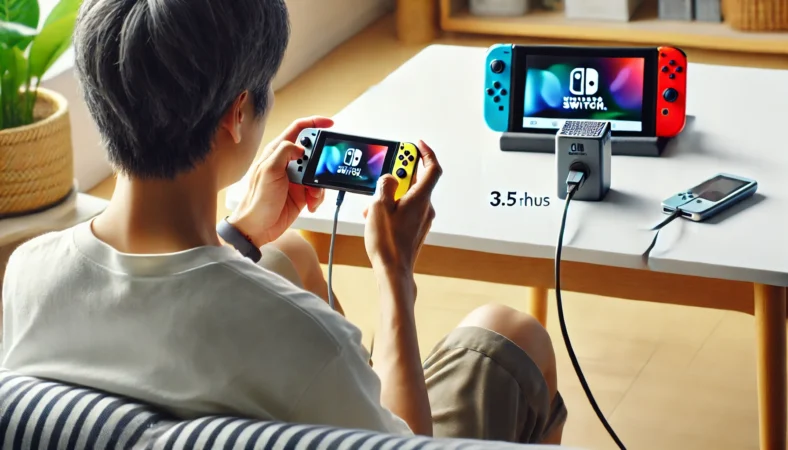 日本人男性が室内でSwitch 2のJoy-Con 2を充電グリップに接続し、USB-Cケーブルで充電しながら状態を確認している様子。3時間半の充電時間を落ち着いて待つシーンが表現されている。