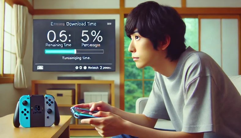 Switch2のダウンロード残り時間を確認し、進行状況に注目する日本人ユーザーが落ち着いてリビングで待機している様子