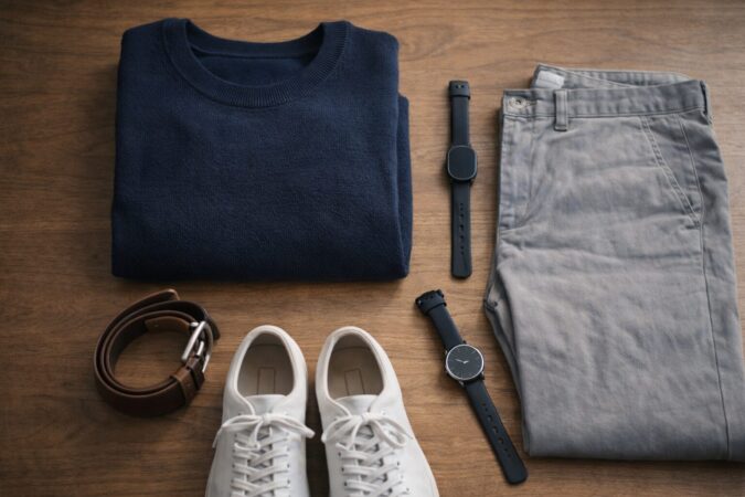 普段服の色と素材に合わせて選ぶ目立たないスマートウォッチと小物のコーデ例