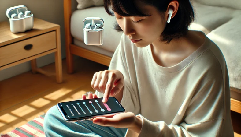 日本人の人物が静かな室内でAirPodsの診断チェックをしており、iPhoneの設定でノイズキャンセリングや透明モードを切り替えながら確認している様子。