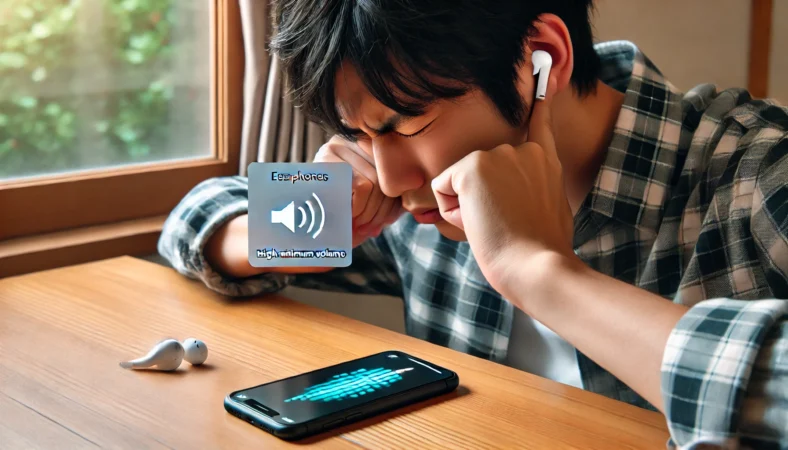 BluetoothイヤホンでiPhoneを使っている日本人が、最小音量でもまだ大きくて困っている様子。室内で静かな環境の中、ストレスを感じている表情。