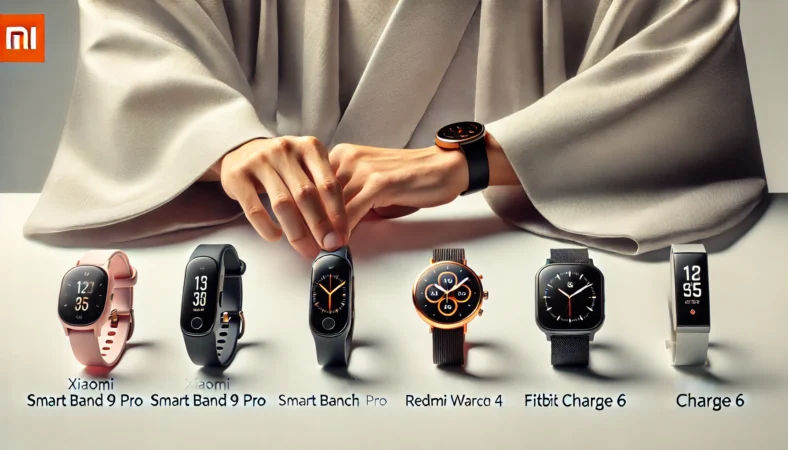 清潔な白いテーブルの上にXiaomi Smart Band 9 Pro、Redmi Watch 4、Fitbit Charge 6の3種類のスマートウォッチが並び、日本人がどれを選ぶか真剣に検討している様子。製品の形状や質感がそれぞれ異なり、比較しやすい構成。