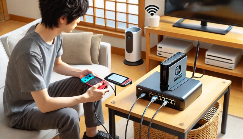 日本人ユーザーが自宅リビングでSwitch2ドックにLANケーブルを接続し、Wi-Fiの揺れを避けて安定したインターネット接続を確保している様子。