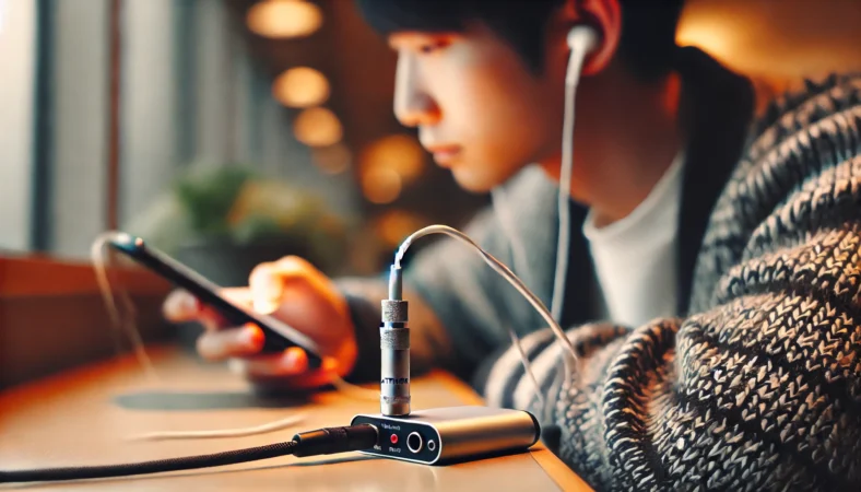 減衰器とUSB-Cアダプタを介してiPhoneに有線イヤホンを接続し、静かな室内で快適にリスニングしている日本人の様子。リラックスした表情が音量問題の解決を表している。