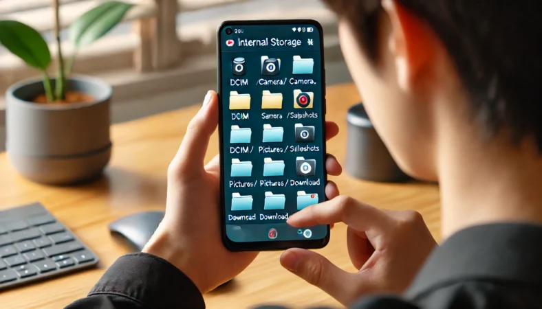 日本人がAndroidスマートフォンの内部ストレージ上にあるDCIM、Pictures、Downloadフォルダなどの構造を確認しながら、写真の保存先を把握している様子。