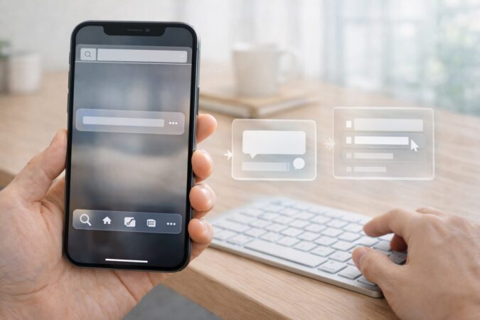 Safari検索を快適にするための位置・入力量・テンポ改善を示すiPhoneと周辺機器のイメージ
