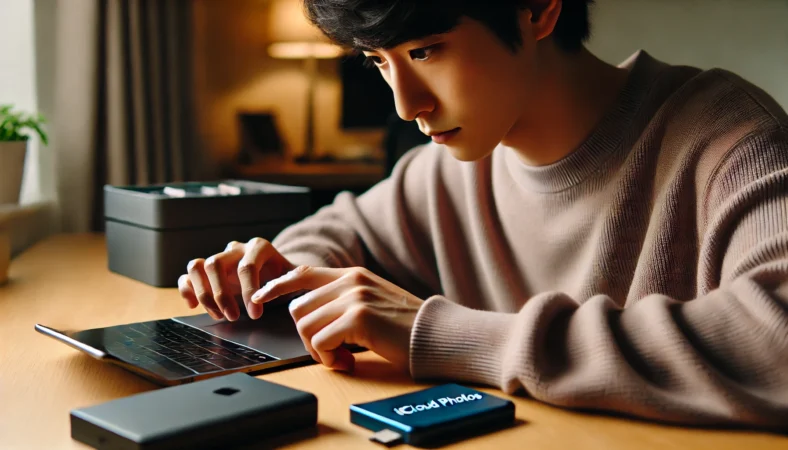 iPhoneの機種変更作業中、日本人が自宅のデスクで外付けSSDとフラッシュドライブを使って写真のバックアップを取っている様子。安全な引き継ぎのために慎重に操作している場面。