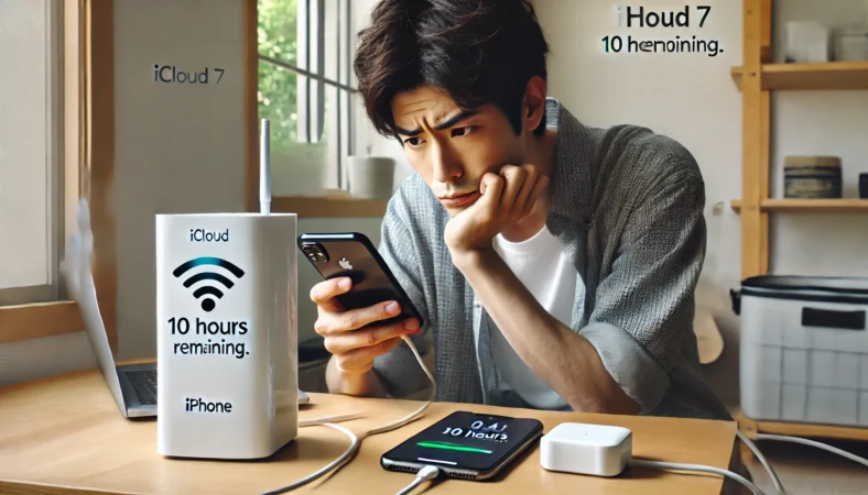 機種変更直後のiPhone復元中に詰まって困惑する日本人男性が、家庭内の机で設定画面を見つめている様子。Wi-Fiルーターと電源に接続された環境が映る。