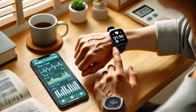 日本人が自宅でワークマンのスマートウォッチとスマートフォンのアプリを使い、歩数や心拍、睡眠データの基本機能を確認している様子。画面にはシンプルなグラフが表示されている。