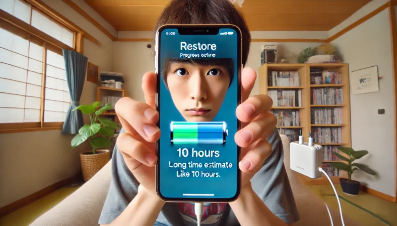 iPhoneの復元画面で進捗バーが長時間を示す中、不安げに様子を確認する日本人。Wi-Fiルーターと充電ケーブルがそばにある居心地の良い室内。